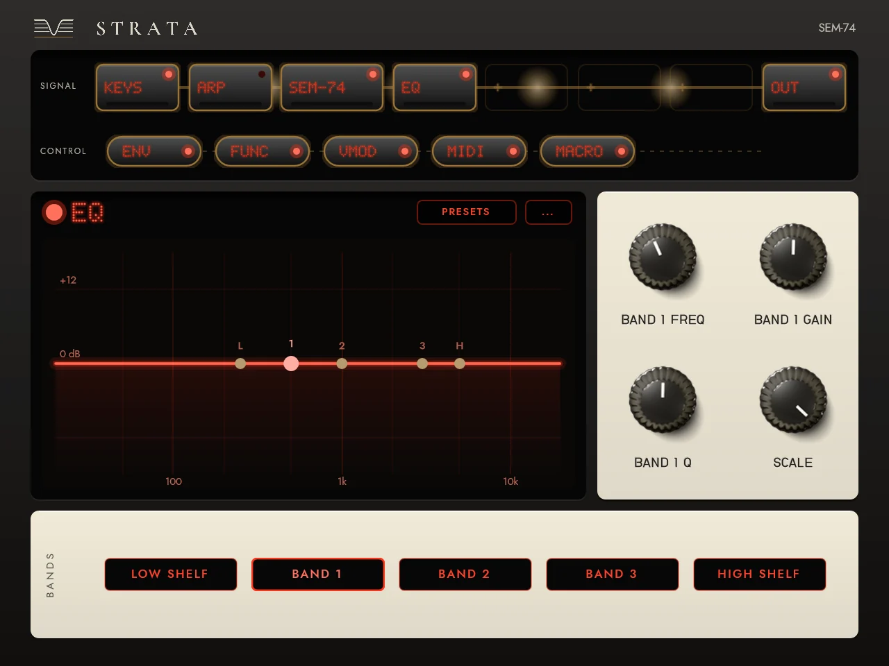 Strata on the TV: an effect's live screen with its controls beside it