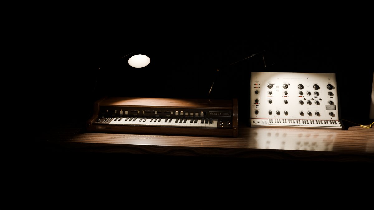 Both instruments on the walnut bench
