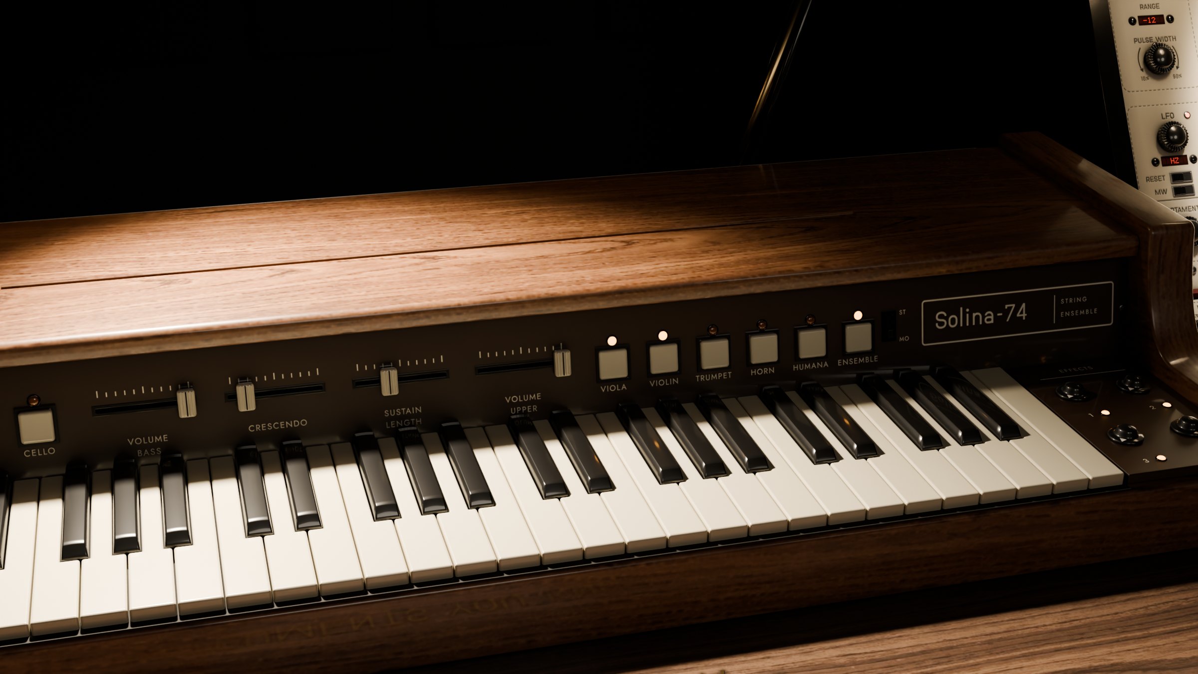 Solina-74 on the walnut bench under its lamp